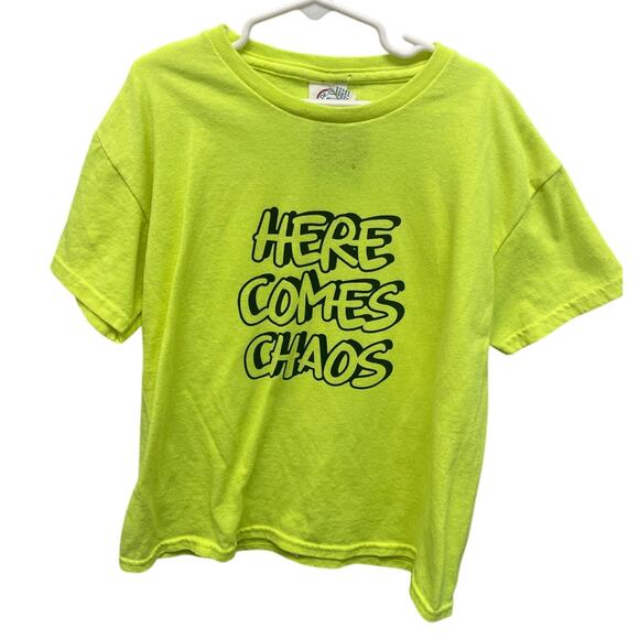 Hand Printed Upcycled Youth Medium Here Comes Chaos Neon Yellow Tee Shirt - Picture 1 of 4